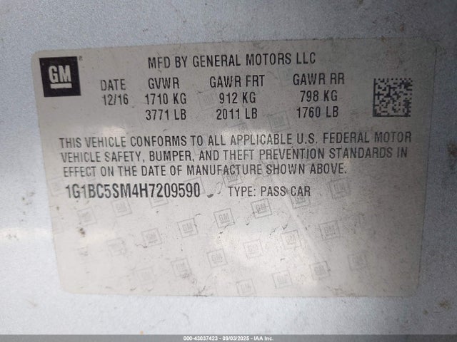 1G1BC5SM4H7209590 Chevrolet le2 -di: direct injection, vvt: variable valve timing, gen, alum