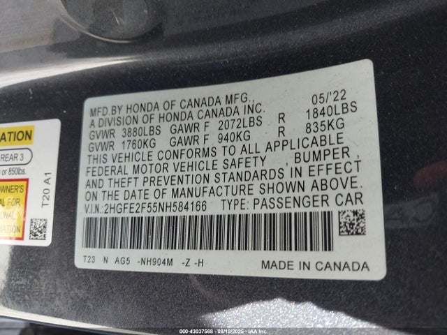 Honda k20c2 2022 2HGFE2F55NH584166 Image 9