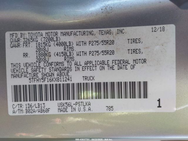 2019 TOYOTA TUNDRA 5TFHY5F16KX811241 Photo 8