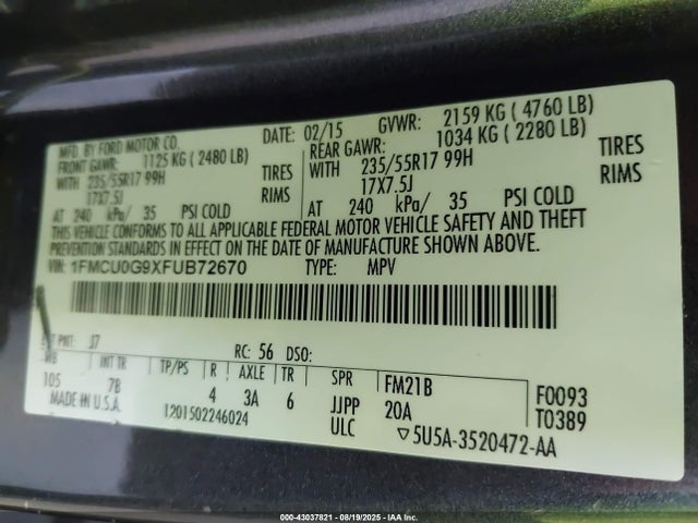 1FMCU0G9XFUB72670 Ford 2015