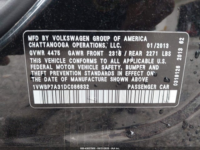 Aukcja sprzedaży 2013 Volkswagen Passat 2.5l Se, vin: 1VWBP7A31DC086832, numer aukcji: 43037905