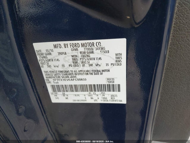 43038050 :رقم المزاد ، 1FTFX1EV6AFC55833 vin ، 2010 Ford F-150 Fx4/lariat/xl/xlt مزاد بيع