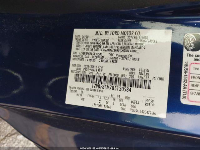 2011 FORD MUSTANG 1ZVBP8EM7B5130584 Photo 8