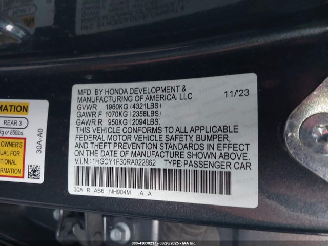 1HGCY1F30RA022862 Honda l15be