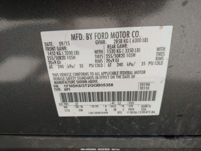 2016 FORD EXPLORER 1FM5K8GT2GGB05358 Photo 8