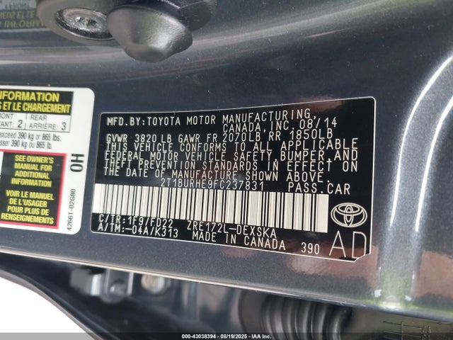43038394 :رقم المزاد ، 2T1BURHE9FC237831 vin ، 2015 Toyota Corolla S Plus مزاد بيع