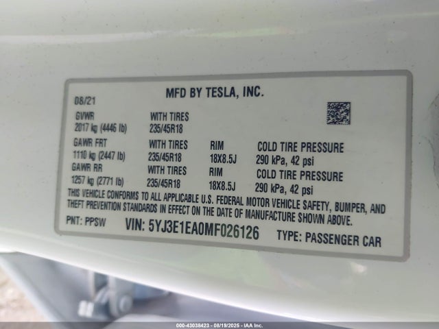 2021 TESLA MODEL 3 5YJ3E1EA0MF026126 Photo 8