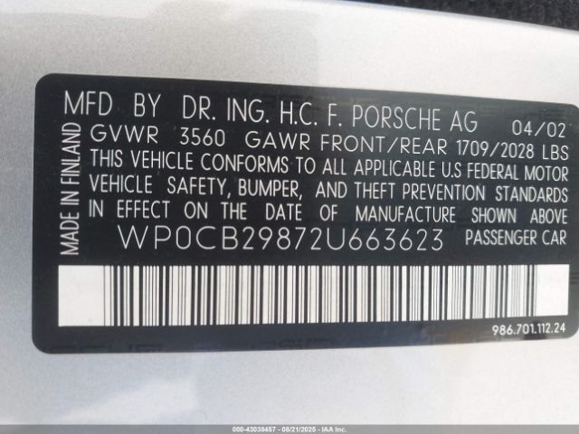 2002 PORSCHE BOXSTER WP0CB29872U663623 Photo 8