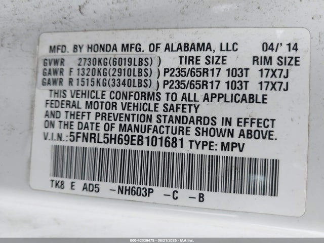 5FNRL5H69EB101681 Honda j35z8