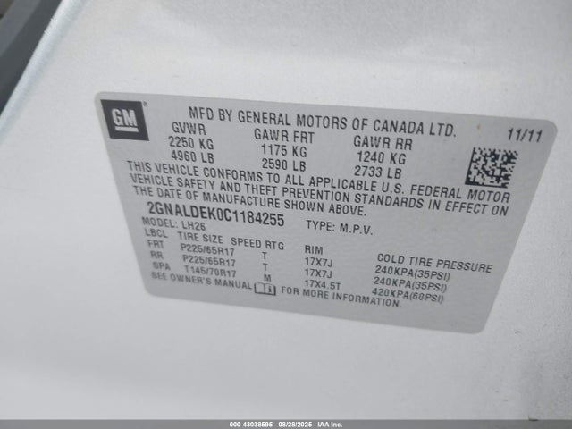 43038595 :رقم المزاد ، 2GNALDEK0C1184255 vin ، 2012 Chevrolet Equinox 1lt مزاد بيع