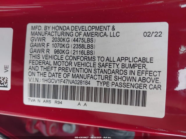 Honda l15be 2022 1HGCV1F47NA028184 Image 9