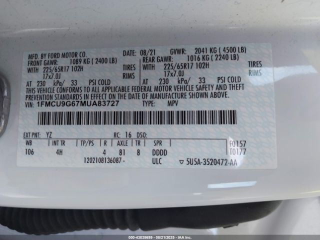 2021 FORD ESCAPE 1FMCU9G67MUA83727 Photo 8
