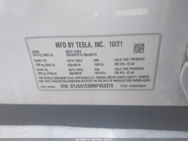 2021 TESLA MODEL S 5YJSA1E50MF453378 Photo 8
