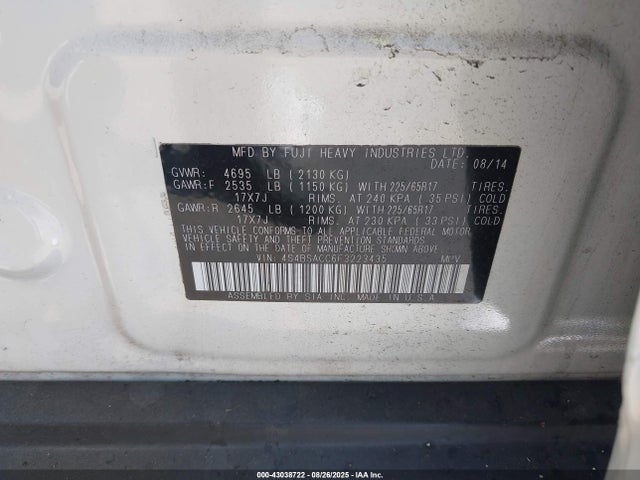 Subaru 2.5l u5 2015 4S4BSACC6F3223435 Image 9