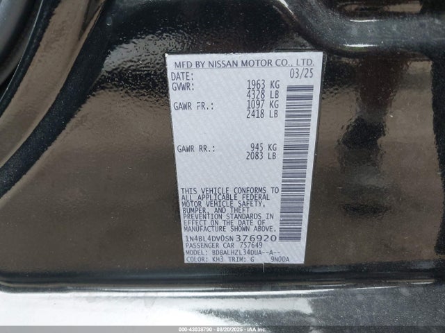 Продаж на аукціоні авто 2025 Nissan Altima Sv Fwd, vin: 1N4BL4DV0SN376920, номер лоту: 43038790