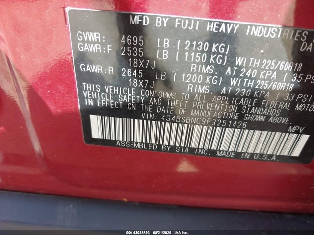 4S4BSBNC9F3251426 Subaru 2.5l u6