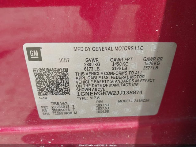 1GNERGKW2JJ138874 Chevrolet lfy - spark ignited direct injection, atss, gen 1