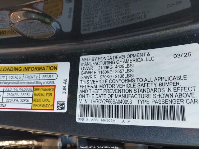 1HGCY2F66SA040093 Honda lfc5