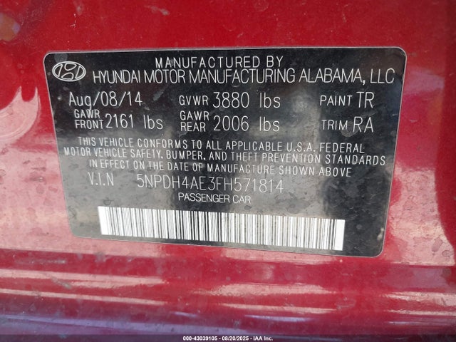 5NPDH4AE3FH571814 Hyundai dohc mpi nu