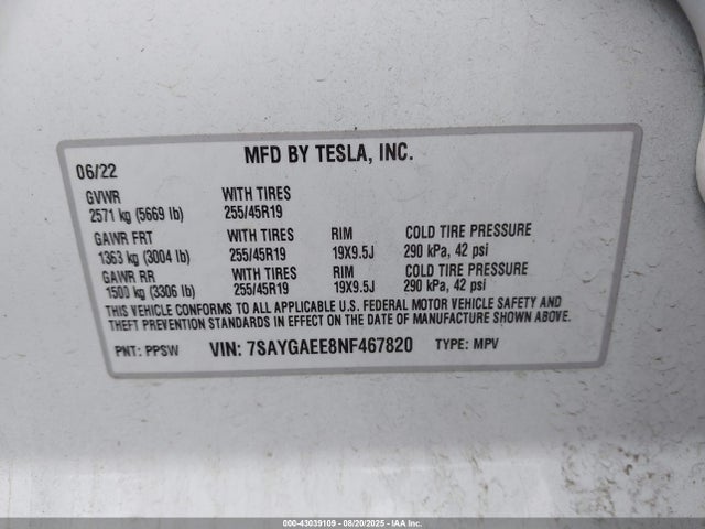 2022 TESLA MODEL Y 7SAYGAEE8NF467820 Photo 8