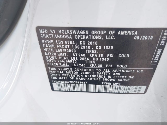 Volkswagen fsi 2019 1V2WR2CA7KC593937 Image 9
