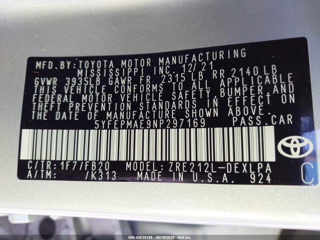 5YFEPMAE9NP297169 Toyota 2zr-fae