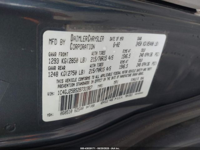 2002 CHRYSLER VOYAGER 1C4GJ25B52B731967 Photo 8