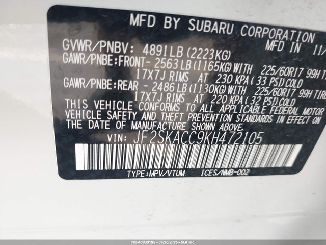 JF2SKACC9KH472105 Subaru naturally aspirated u5