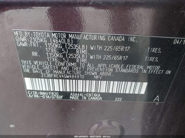 Toyota 2ar-fe 2016 2T3BFREV4GW484910 Image 9