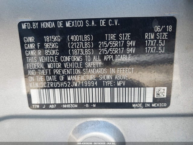 3CZRU5H52JM719994 Honda r18z9