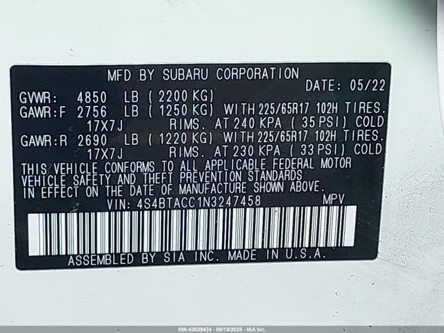 4S4BTACC1N3247458 Subaru na, u5