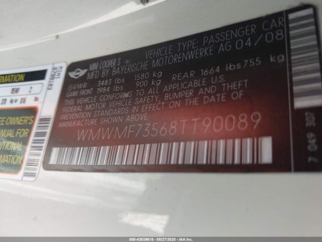 2008 MINI COOPER S WMWMF73568TT90089 Photo 8