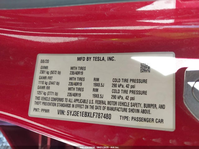 2020 TESLA MODEL 3 5YJ3E1EBXLF787480 Photo 8