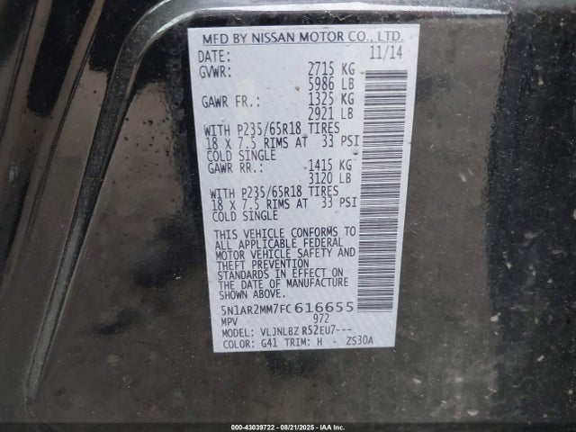 Nissan Pathfinder 2015 5N1AR2MM7FC616655 Image 9