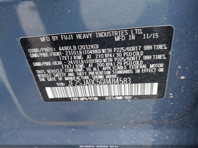 Subaru naturally aspirated u5 2016 JF2SJADC5GH484583 Image 9