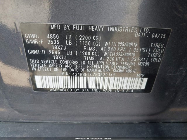 Subaru 3.6l u4 2015 4S4BSELC7F3329142 Image 9