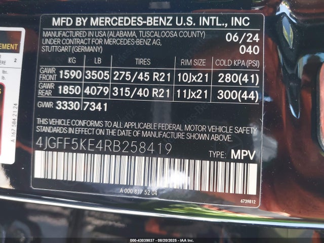 4JGFF5KE4RB258419 Mercedes-Benz m256