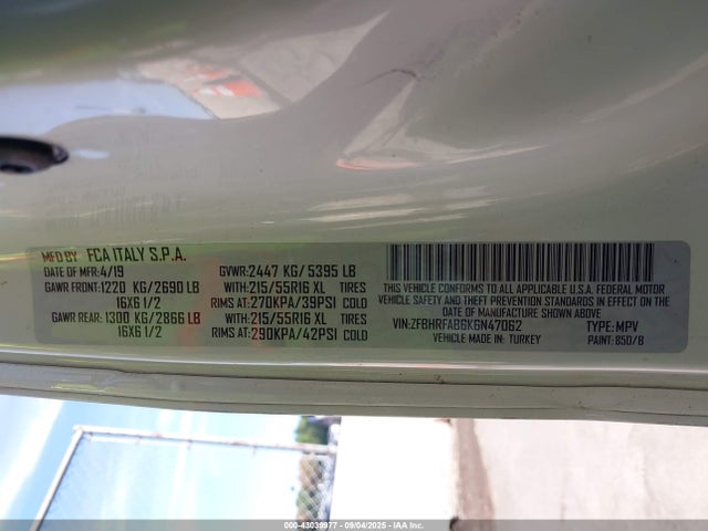 2019 Ram Promaster City Tradesman მანქანა იყიდება აუქციონზე, vin: ZFBHRFAB6K6N47062, აუქციონის ნომერი: 43039977