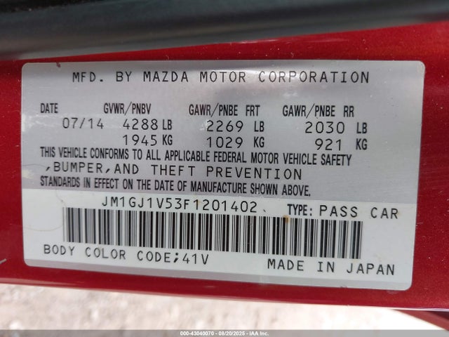 Auction sale of the 2015 Mazda Mazda6 I Touring, vin: JM1GJ1V53F1201402, lot number: 43040070