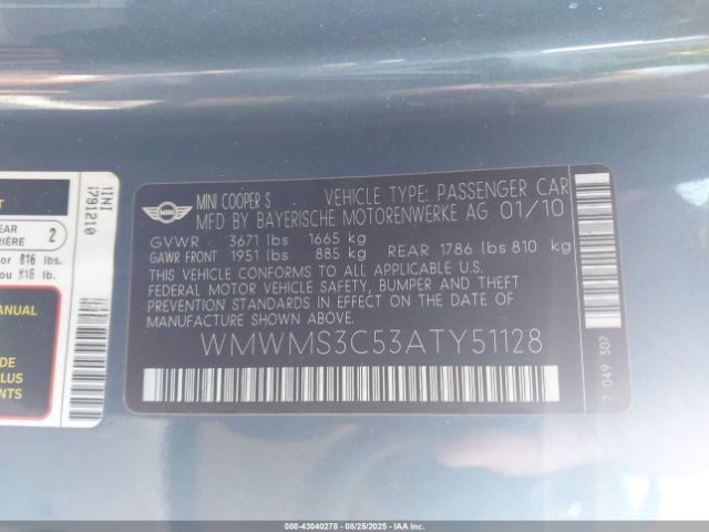 2010 MINI COOPER S WMWMS3C53ATY51128 Photo 8