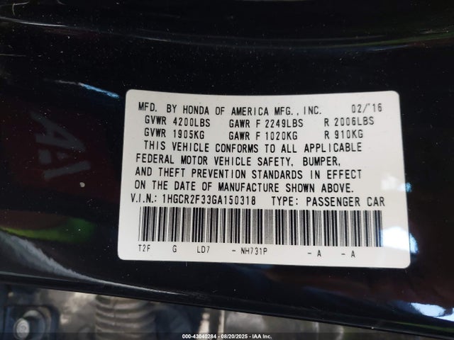 1HGCR2F33GA150318 Honda k24w1