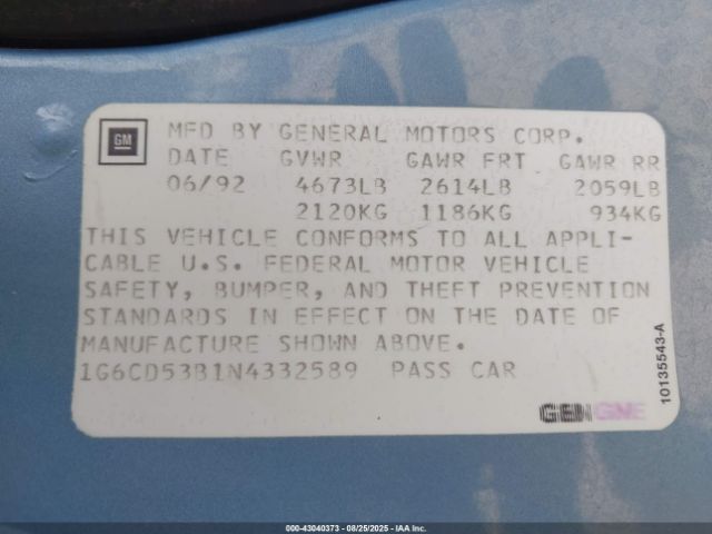 1992 CADILLAC DEVILLE 1G6CD53B1N4332589 Photo 8