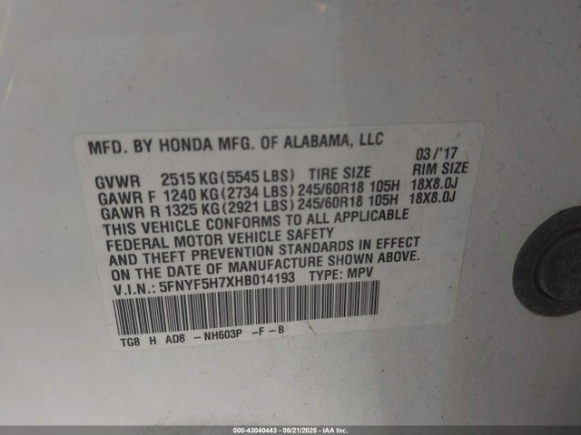 5FNYF5H7XHB014193 Honda j35y6