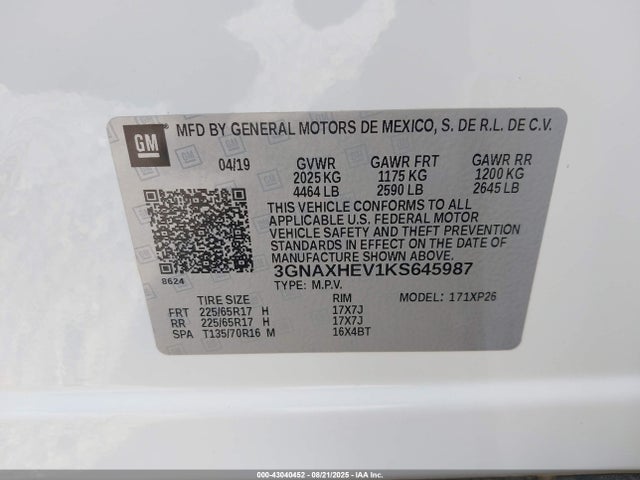 3GNAXHEV1KS645987 Chevrolet lyx - direct injection, vvt, fgt, turbo, alum, gen1