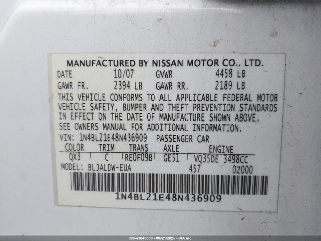Продаж на аукціоні авто 2008 Nissan Altima 3.5 Se, vin: 1N4BL21E48N436909, номер лоту: 43040500
