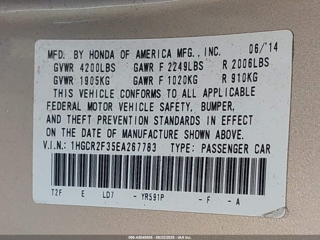 Honda k24w1 2014 1HGCR2F35EA267783 Image 9