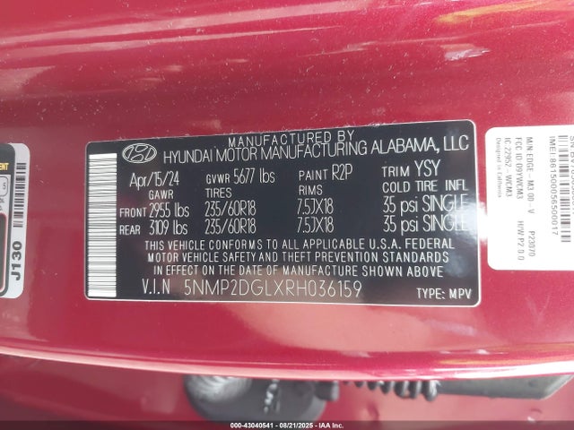 Aukcja sprzedaży 2024 Hyundai Santa Fe Sel, vin: 5NMP2DGLXRH036159, numer aukcji: 43040541