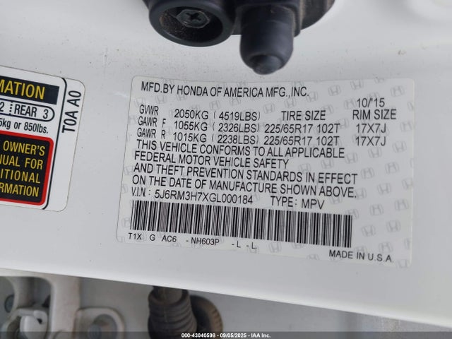 5J6RM3H7XGL000184 Honda k24w9