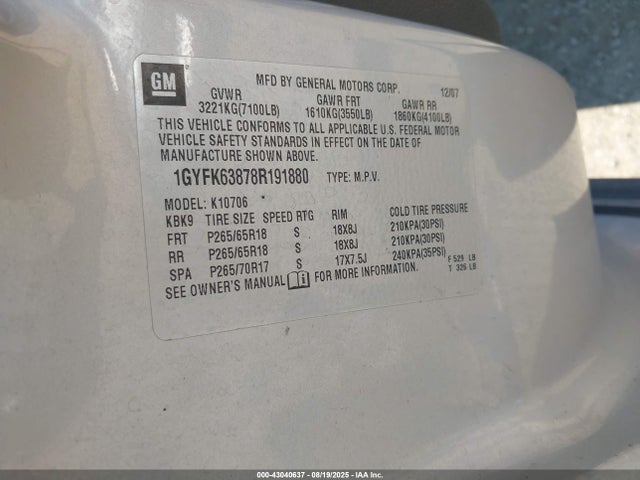 2008 CADILLAC ESCALADE 1GYFK63878R191880 Photo 8