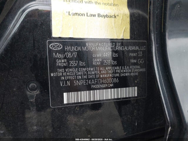 5NPE24AF1JH600086 Hyundai gdi theta-ii